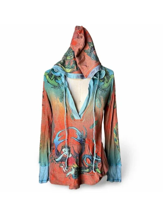 Butterfly Dropout Hoodie Top Small Boho Colorful Graphic V-Neck Pullover Mermaid - Picture 2 of 9